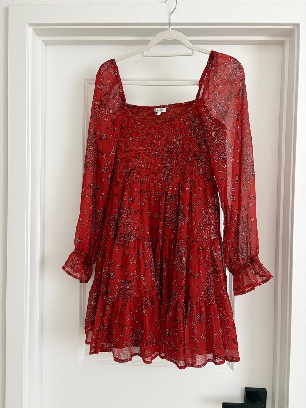 Patrons of Peace Red Floral Smocked Tiered Mini Dress